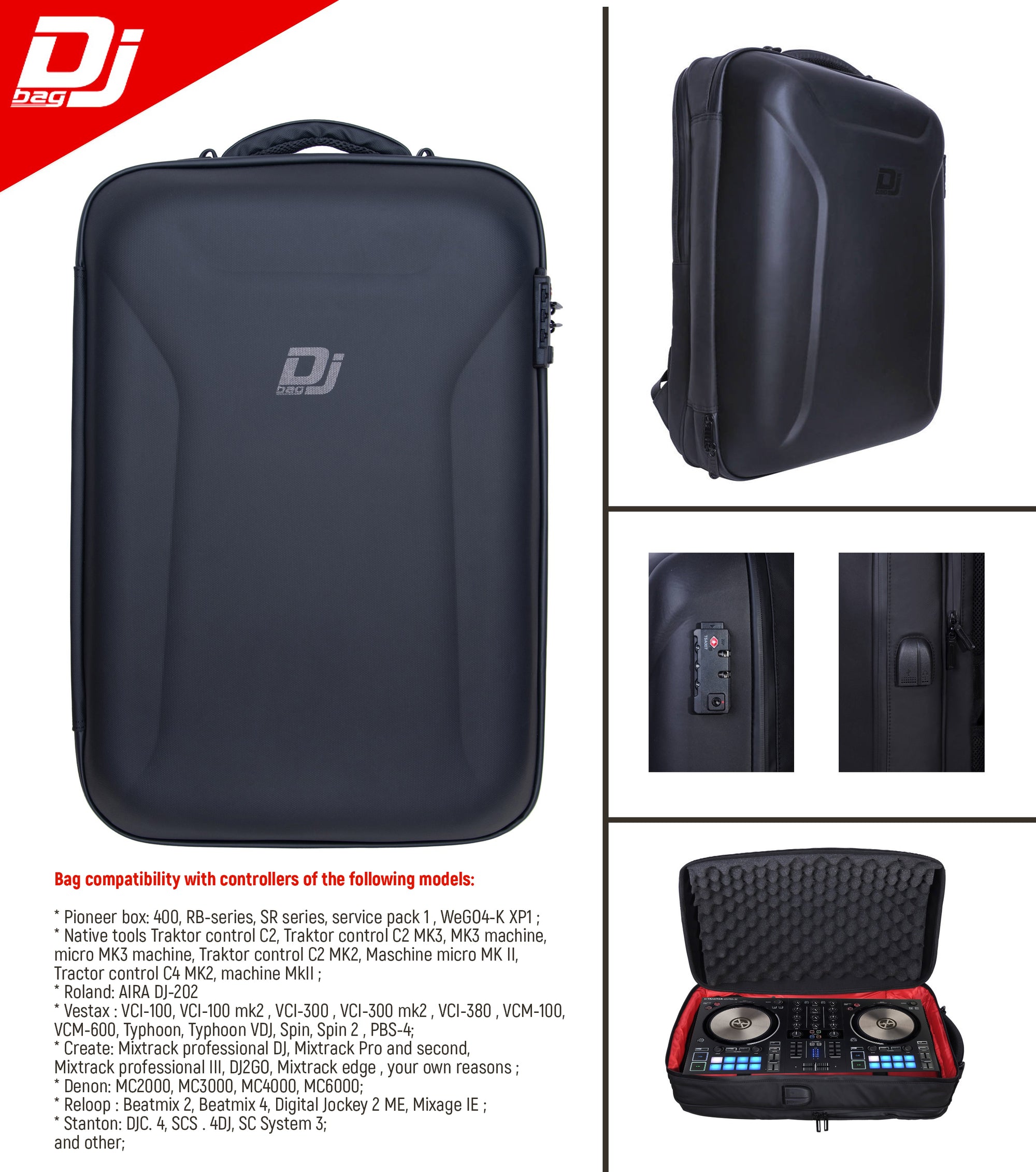 DJBAG HARD Backpack Bag - Pioneer DDJ REV1, FLX4, XP1,WeGO4-K etc, int. 19.68in X 12.20in X 3.54in