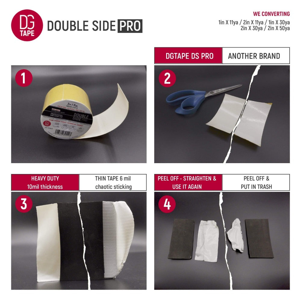 dgsusa gaffer tape 1" or 2" x 11ya/ 30ya/ 50ya - Double Side Pro Tape + White Adhesive Tape | Heavy duty Rug tape | Strong adhesive